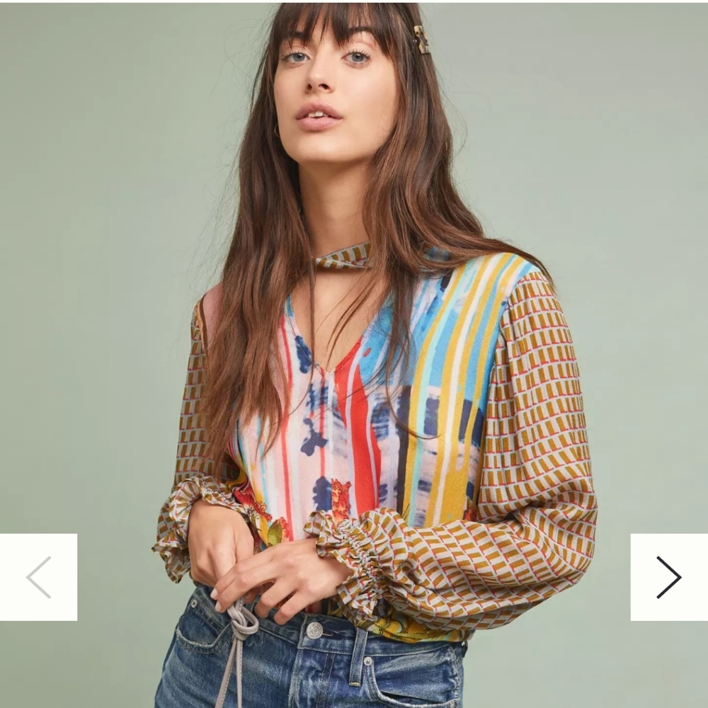 Anthropologie Conditions Apply Womens Floral Mixed Print Retro Peasant Top L